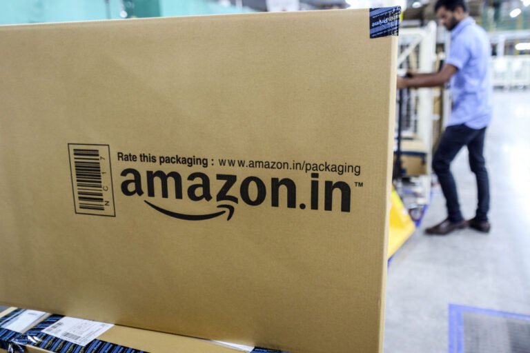 A package sits ready for shipment at the Amazon.com Inc. fulfillment center in Hyderabad, India