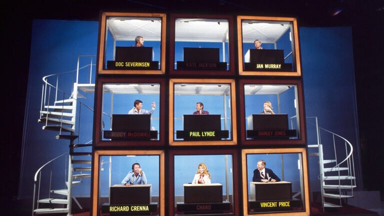 THE HOLLYWOOD SQUARES, (aka THE HOLLYWOOD SQUARES (DAYTIME), clockwise from top left: Doc Severinsen, Kate Jackson, Jan Murray, Shirley Jones, Vincent Price, Charo, Richard Crenna, Roddy McDowall, Paul Lynde, 1975