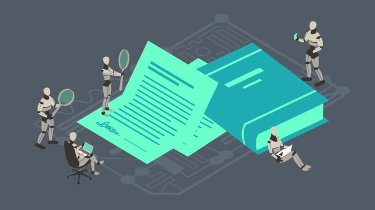 EU says it will continue rolling out AI legislation on schedule Robots work on a contract and review a legal book to illustrate AI usage in law.