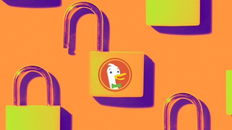 duckduckgo logo on an open padlock surrounded by other locked padlocks.