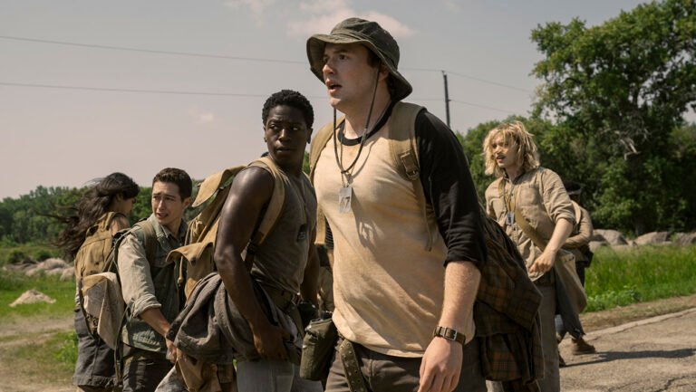 Joshua Odjick as Parker, Jordan Gonzalez as Harkness, David Jonsson as McVries, Cooper Hoffman as Garraty, and Charlie Plummer as Barkovitch in The Long Walk.
