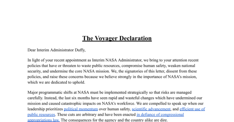 Read the NASA ‘Voyager Declaration’ Letter of Dissent to the Trump Administration Read the NASA ‘Voyager Declaration’ Letter of Dissent to the Trump Administration