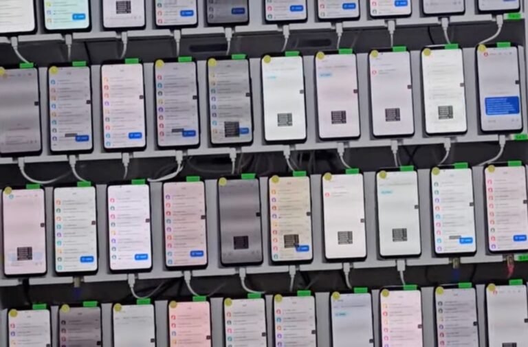 a photo showing a rack containing dozens of smartphones mounted and being used to automate scam messages. the photo was found in a Telegram group used by the scammers.