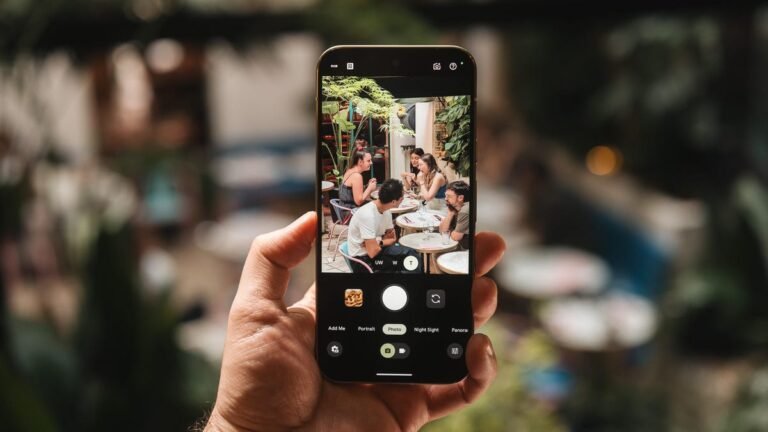 Google Thinks AI Can Make You a Better Photographer: I Dive Into the Pixel 10 Cameras A hand holds a Pixel 10 Pro XL taking a photo of an outdoor dining scene.