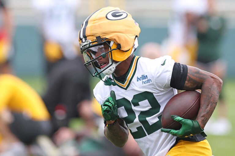 ASHWAUBENON, WISCONSIN - JUNE 10: Matthew Golden #22 of the Green Bay Packers participates in drills during the Green Bay Packers mandatory minicamp at Ray Nitschke Field on June 10, 2025 in Ashwaubenon, Wisconsin. (Photo by Stacy Revere/Getty Images)