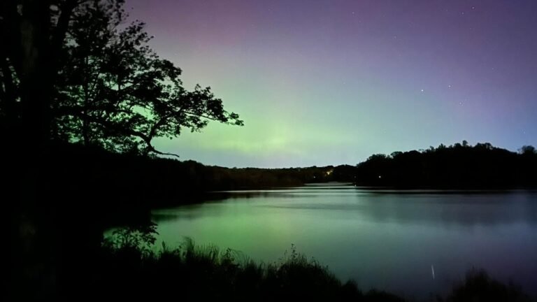 The Aurora Borealis Is Back: These 18 States Have a Chance to See It Tonight Green aurora reflected in a body of water with trees along the side.