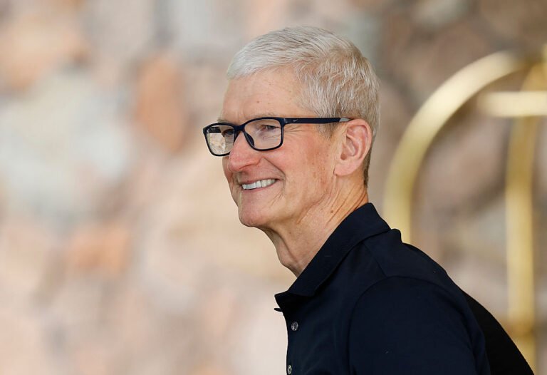 SUN VALLEY, IDAHO - JULY 08: Apple CEO Tim Cook arrives at the Sun Valley lodge for the Allen & Company Sun Valley Conference on July 8, 2025 in Sun Valley, Idaho. Every year, some of the world's wealthiest and most powerful figures from the media, finance, technology, and political spheres converge at the Sun Valley Resort for the exclusive week-long conference hosted by boutique investment bank Allen & Co. (Photo by Kevin Dietsch/Getty Images)