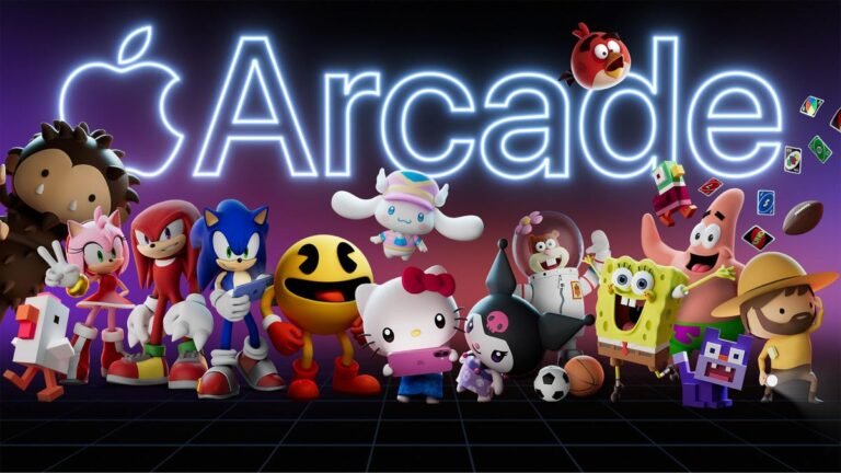 Apple Arcade logo and characters from Spongebob Squarepants, Sonic the Hedgehog and Hello Kitty.