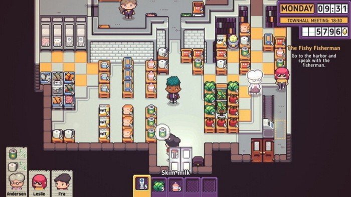 Hate your job? Try running a virtual supermarket A pixel art supermarket scene from the game Discounty, showing various characters shopping among shelves of groceries, with item prices visible.