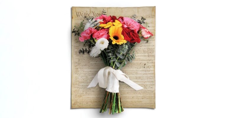 How Originalism Killed the Constitution photo-illustration of the U.S. Constitution with a bouquet of flowers tied with ribbon on top of it