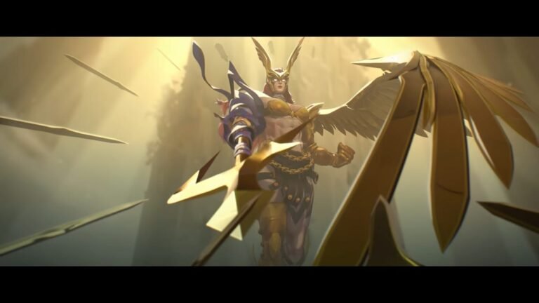 Angela flies high over the battle, threatening her opponents with ichor spears.