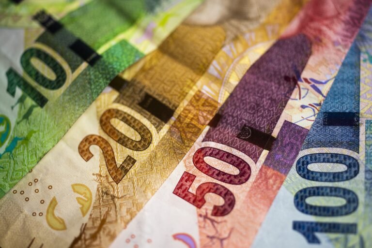 South African rand 10, 20, 50 and 100 banknotes in South Africa.