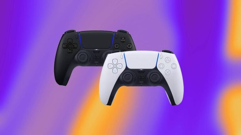 A black and a white DualSense PS5 controller against an abstract purple and orange background.