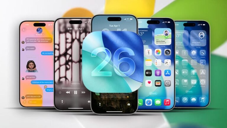 iPhone lineup with iOS 26 logo