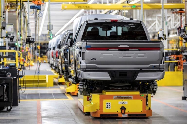 Ford isn’t going to make more F-150 Lightnings for a while Ford F-150 Lightning electric truck assembly line