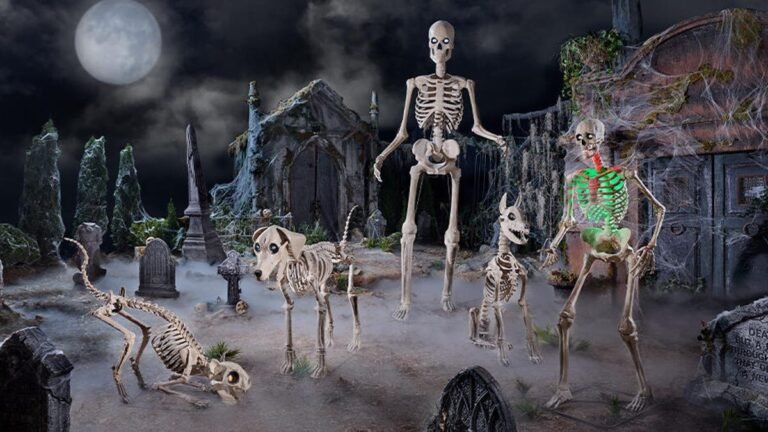 Spooky graveyard with animatronic human and animal skeletons