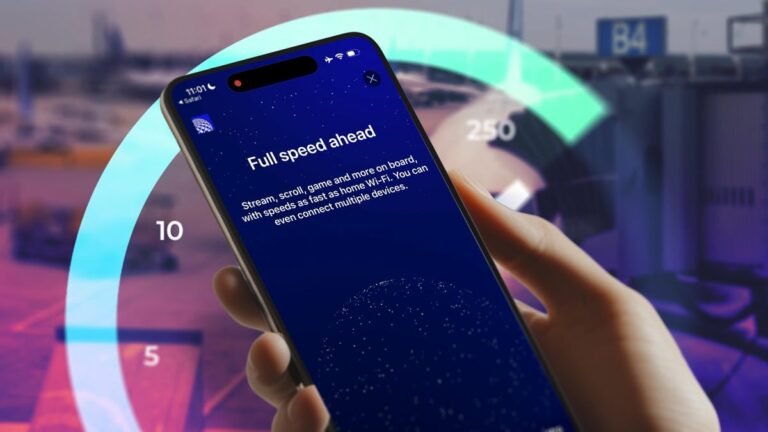 I Tested United’s Starlink In-Flight Wi-Fi. Finally, We Have Real Internet in the Skies A hand holding a phone with "Full speed ahead" written as a status for United Wi-Fi. In the background is a Speedtest graph and a plane at an airport.