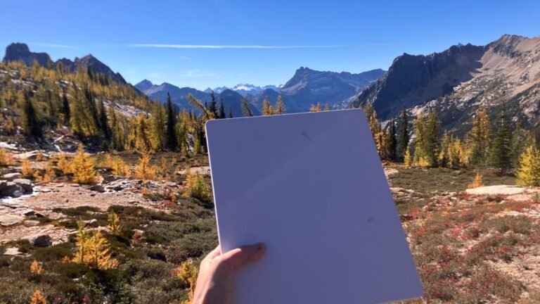 hand holding Starlink Mini dish with mountains in background