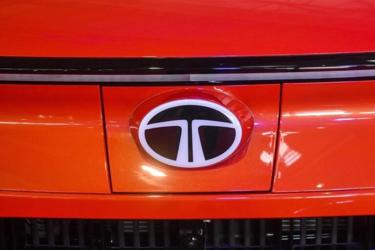 The TATA Motors emblem is seen at the TATA Motors booth in Kolkata, India, on March 7, 2025.